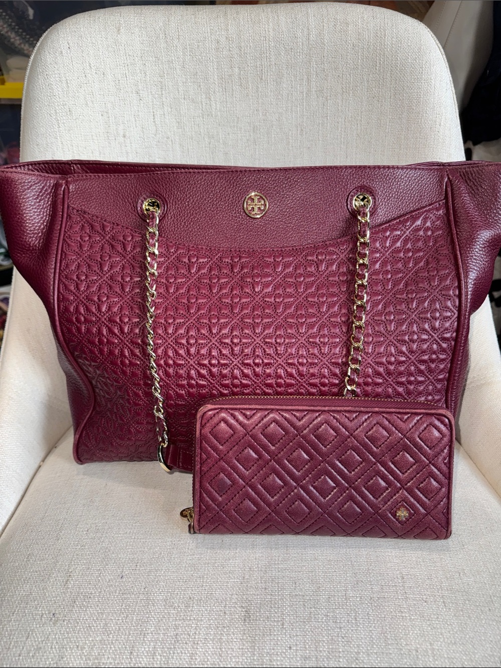 Tory Burch Quilted Tote and Wallet Set in Burgundy